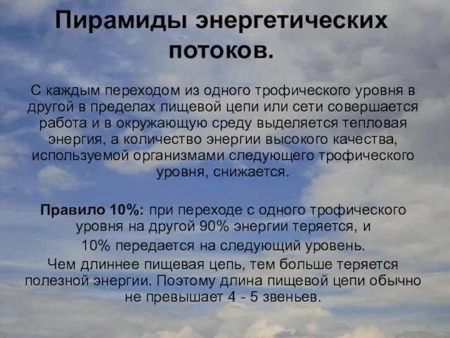 Пирамиды энергетических потоков. С каждым переходом из одного трофического уровня в