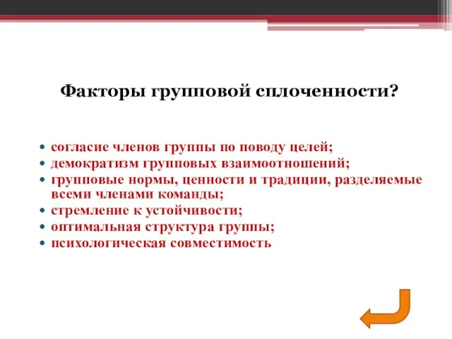 согласие членов группы по поводу целей; демократизм групповых взаимоотношений; групповые нормы,