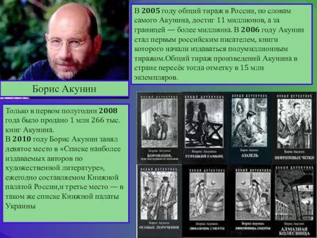 В 2005 году общий тираж в России, по словам самого Акунина,