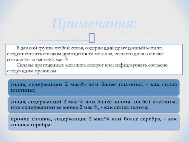 Примечания: В данной группе любой сплав, содержащий драгоценный металл, следует считать