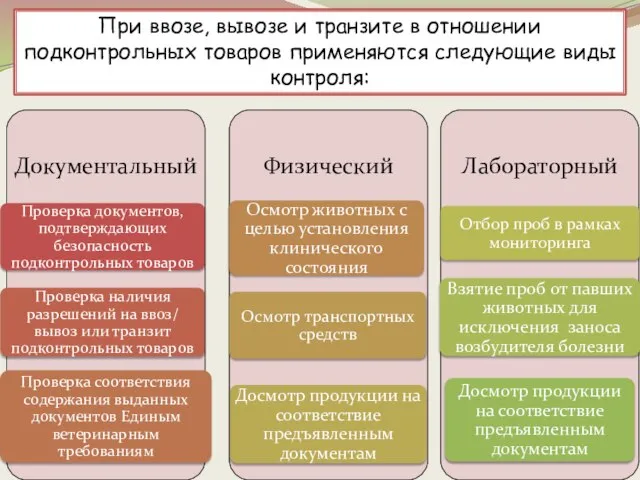 При ввозе, вывозе и транзите в отношении подконтрольных товаров применяются следующие виды контроля: