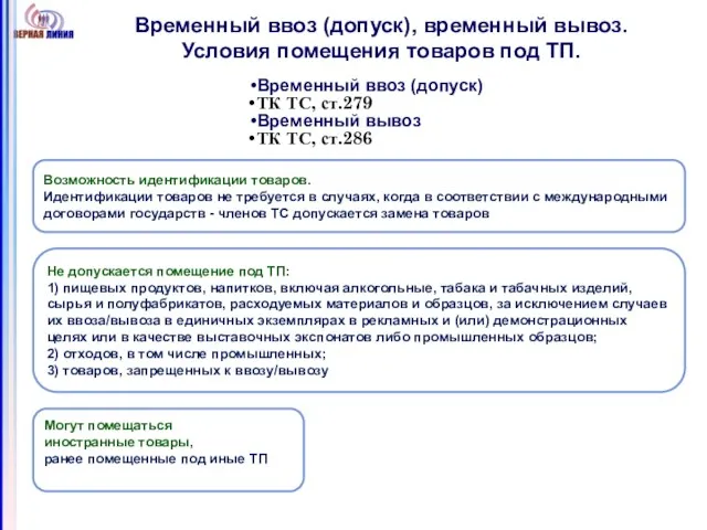 Временный ввоз (допуск), временный вывоз. Условия помещения товаров под ТП. Возможность