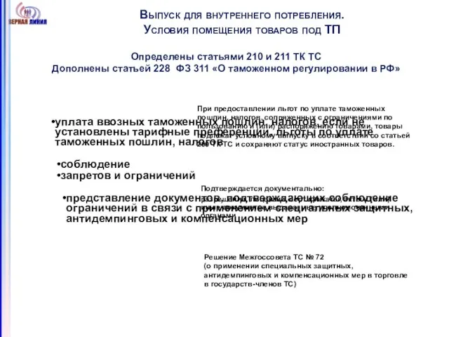 Выпуск для внутреннего потребления. Условия помещения товаров под ТП Определены статьями