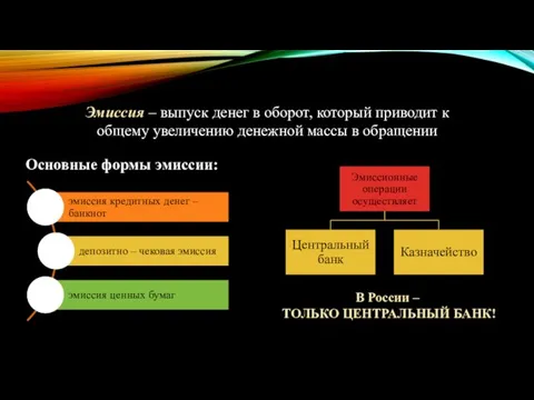 Эмиссия – выпуск денег в оборот, который приводит к общему увеличению