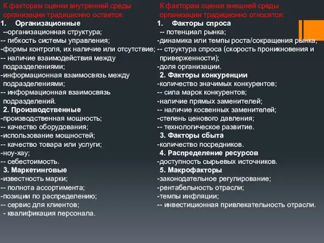 К факторам оценки внутренней среды организации традиционно остается: Организационные --организационная структура;