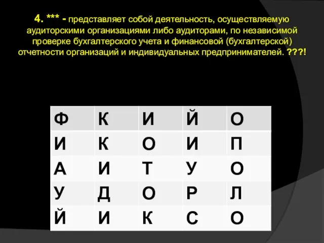 4. *** - представляет собой деятельность, осуществляемую аудиторскими организациями либо аудиторами,