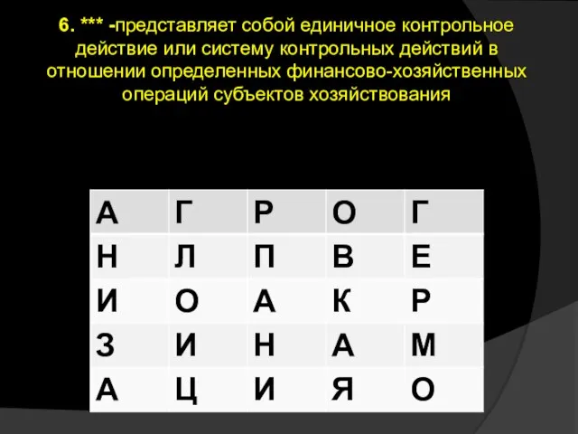 6. *** -представляет собой единичное контрольное действие или систему контрольных действий