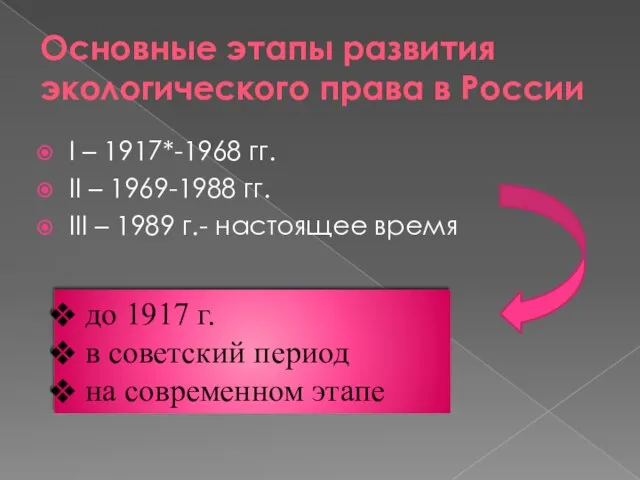 Основные этапы развития экологического права в России I – 1917*-1968 гг.