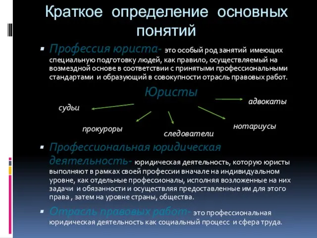 Краткое определение основных понятий Профессия юриста- это особый род занятий имеющих