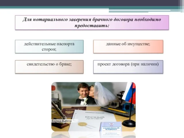 Для нотариального заверения брачного договора необходимо предоставить: действительные паспорта сторон; данные