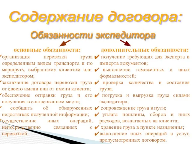 Содержание договора: Обязанности экспедитора основные обязанности: организация перевозки груза определенным видом