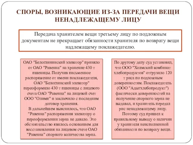 Споры, возникающие из-за передачи вещи ненадлежащему лицу Передача хранителем вещи третьему