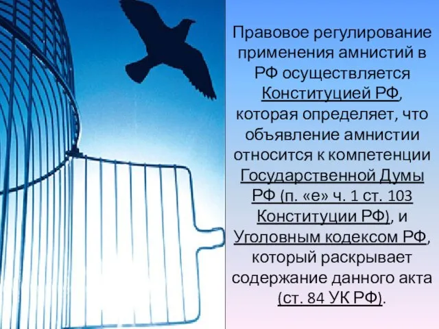 Правовое регулирование применения амнистий в РФ осуществляется Конституцией РФ, которая определяет,