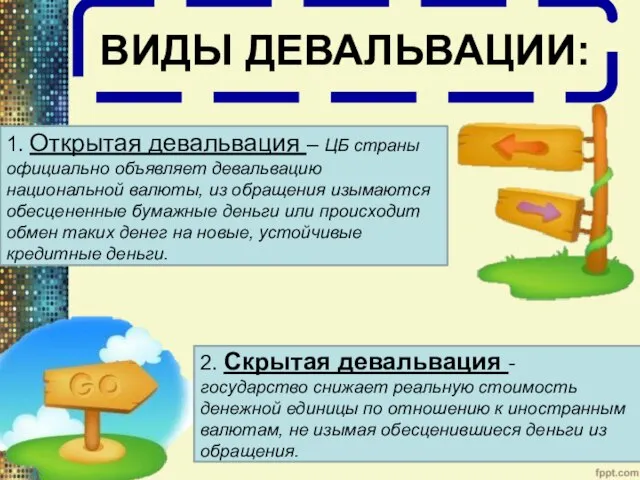 ВИДЫ ДЕВАЛЬВАЦИИ: 1. Открытая девальвация – ЦБ страны официально объявляет девальвацию