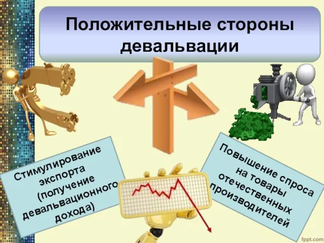 Положительные стороны девальвации Стимулирование экспорта (получение девальвационного дохода) Повышение спроса на товары отечественных производителей