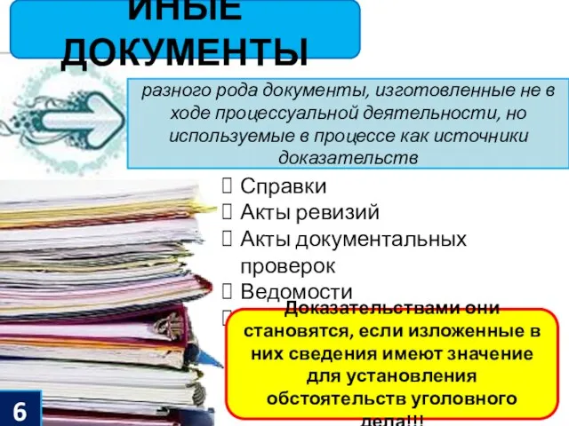 6 ИНЫЕ ДОКУМЕНТЫ разного рода документы, изготовленные не в ходе процессуальной