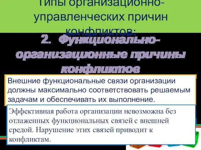 Типы организационно-управленческих причин конфликтов: 2. Функционально-организационные причины конфликтов Вызваны неоптимальностью функциональных