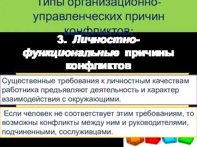 Типы организационно-управленческих причин конфликтов: 3. Личностно-функциональные причины конфликтов — несоответствие или