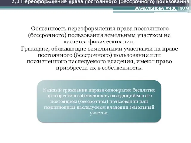 2.3 Переоформление права постоянного (бессрочного) пользования земельным участком Обязанность переоформления права