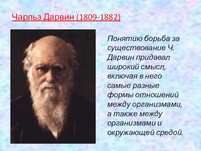 Чарльз Дарвин (1809-1882) Понятию борьба за существование Ч. Дарвин придавал широкий