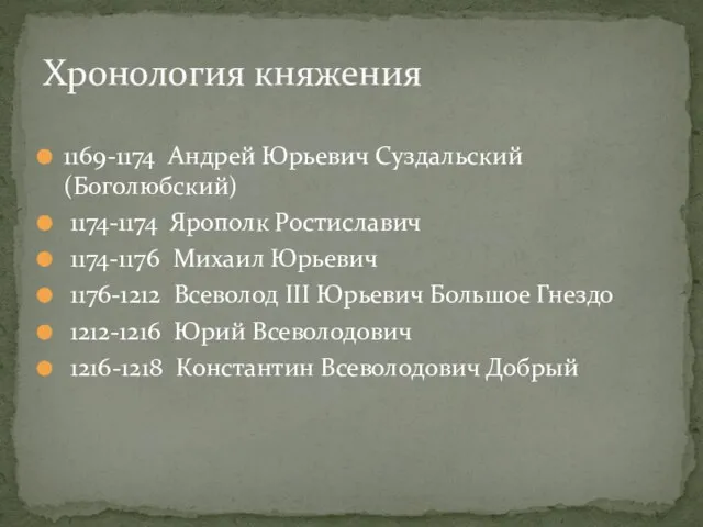 1169-1174 Андрей Юрьевич Суздальский (Боголюбский) 1174-1174 Ярополк Ростиславич 1174-1176 Михаил Юрьевич