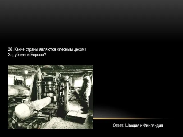 28. Какие страны являются «лесным цехом» Зарубежной Европы? Ответ: Швеция и Финляндия