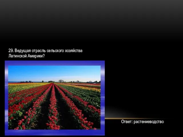 29. Ведущая отрасль сельского хозяйства Латинской Аме­рики? Ответ: растениеводство