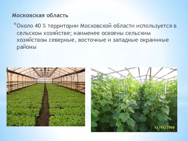 Московская область Около 40 % территории Московской области используется в сельском