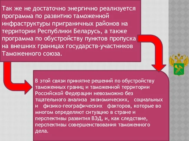 Так же не достаточно энергично реализуется программа по развитию таможенной инфраструктуры