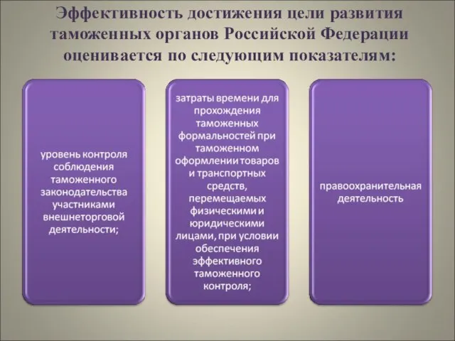 Эффективность достижения цели развития таможенных органов Российской Федерации оценивается по следующим показателям: