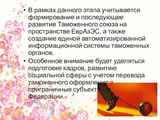 В рамках данного этапа учитывается формирование и последующее развитие Таможенного союза