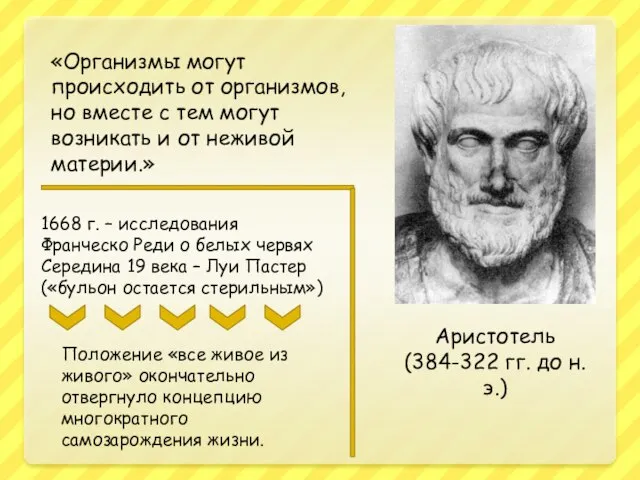 Аристотель (384-322 гг. до н.э.) «Организмы могут происходить от организмов, но