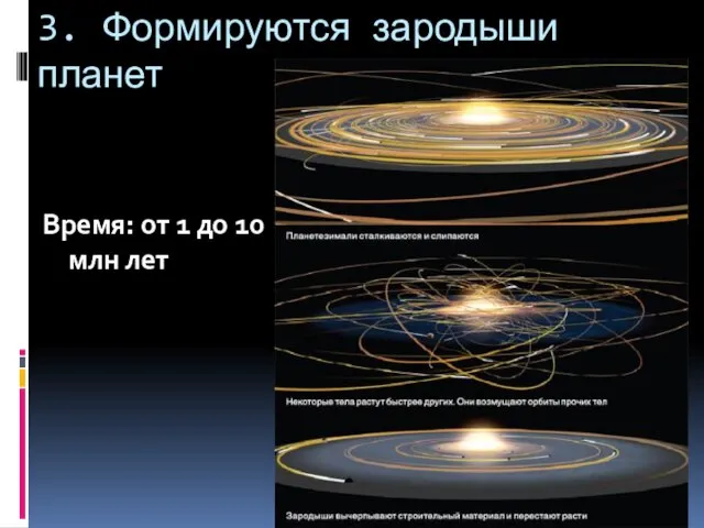 3. Формируются зародыши планет Время: от 1 до 10 млн лет