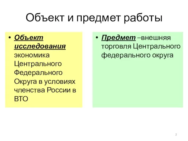 Объект и предмет работы Объект исследования экономика Центрального Федерального Округа в