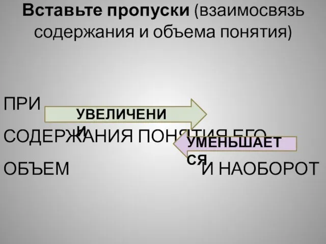 Вставьте пропуски (взаимосвязь содержания и объема понятия) ПРИ СОДЕРЖАНИЯ ПОНЯТИЯ ЕГО ОБЪЕМ И НАОБОРОТ УВЕЛИЧЕНИИ УМЕНЬШАЕТСЯ