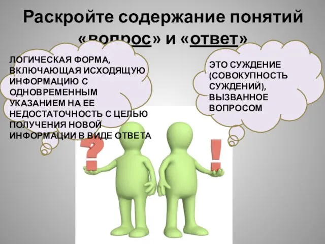 Раскройте содержание понятий «вопрос» и «ответ» ЭТО СУЖДЕНИЕ(СОВОКУПНОСТЬ СУЖДЕНИЙ), ВЫЗВАННОЕ ВОПРОСОМ