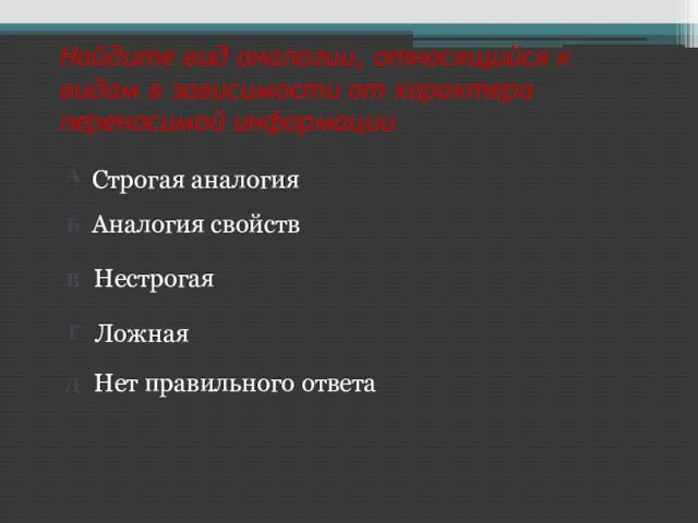 Найдите вид аналогии, относящийся к видам в зависимости от характера переносимой