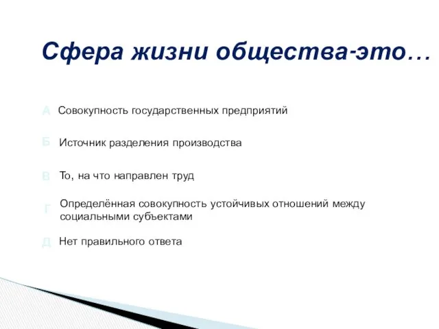 Сфера жизни общества-это… Нет правильного ответа Совокупность государственных предприятий То, на