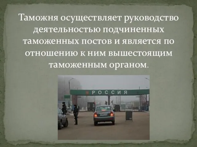 Таможня осуществляет руководство деятельностью подчиненных таможенных постов и является по отношению к ним вышестоящим таможенным органом.