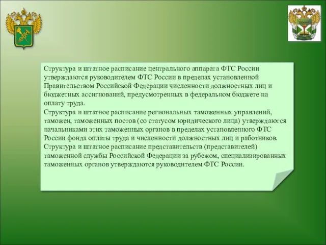 Структура и штатное расписание центрального аппарата ФТС России утверждаются руководителем ФТС