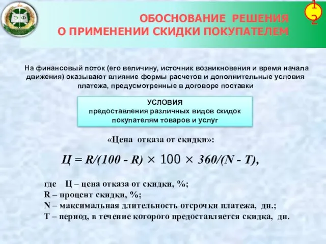 ОБОСНОВАНИЕ РЕШЕНИЯ О ПРИМЕНЕНИИ СКИДКИ ПОКУПАТЕЛЕМ 12 Ц = R/(100 -