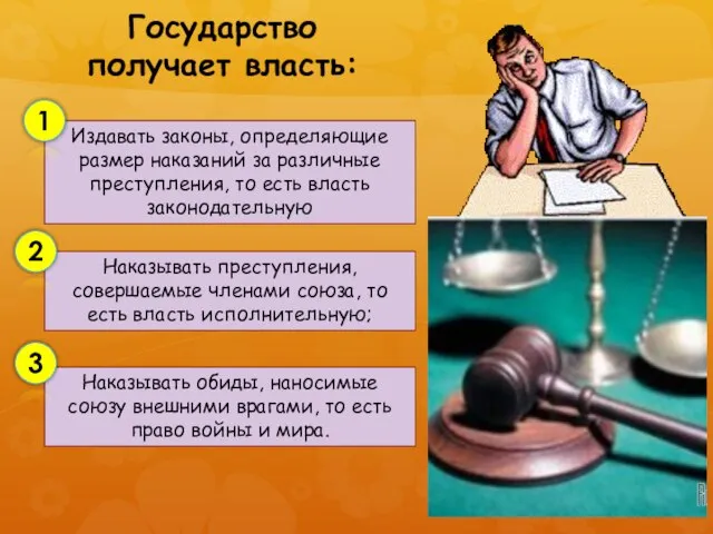 Государство получает власть: Издавать законы, определяющие размер наказаний за различные преступления,