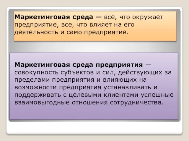 Маркетинговая среда — все, что окружает предприятие, все, что влияет на