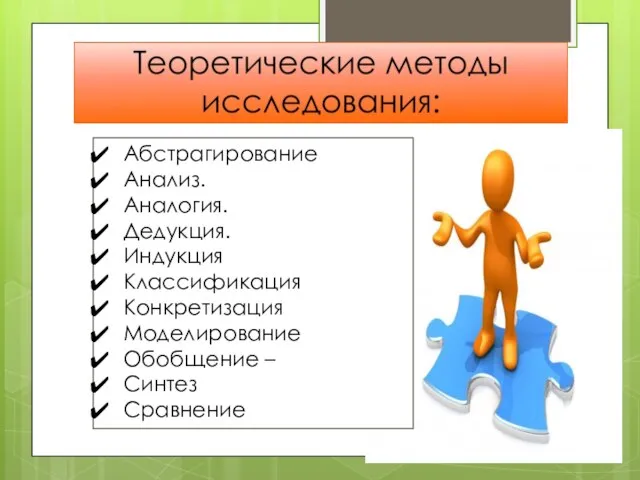 Абстрагирование Анализ. Аналогия. Дедукция. Индукция Классификация Конкретизация Моделирование Обобщение – Синтез Сравнение