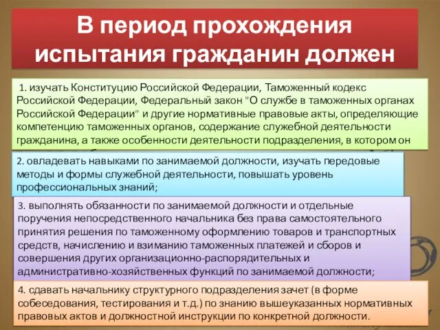 В период прохождения испытания гражданин должен 1. изучать Конституцию Российской Федерации,