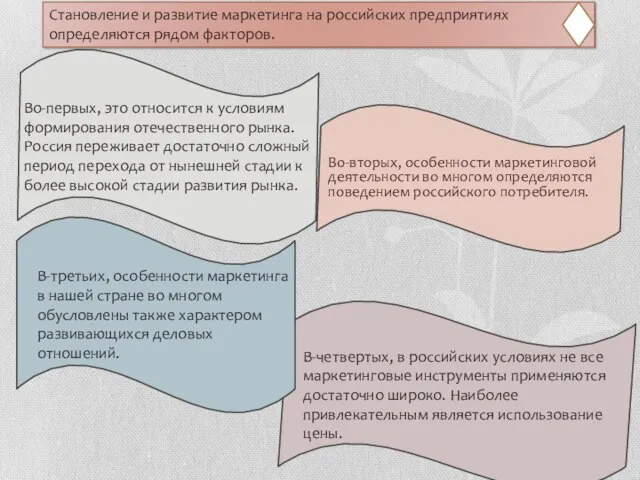 Во-вторых, особенности маркетинговой деятельности во многом определяются поведением российского потребителя. Становление