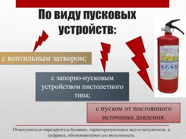 По виду пусковых устройств: с вентильным затвором; с запорно-пусковым устройством пистолетного