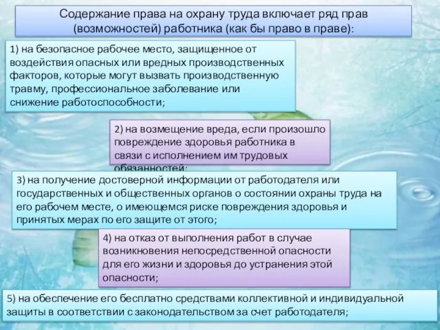 Содержание права на охрану труда включает ряд прав (возможностей) работника (как