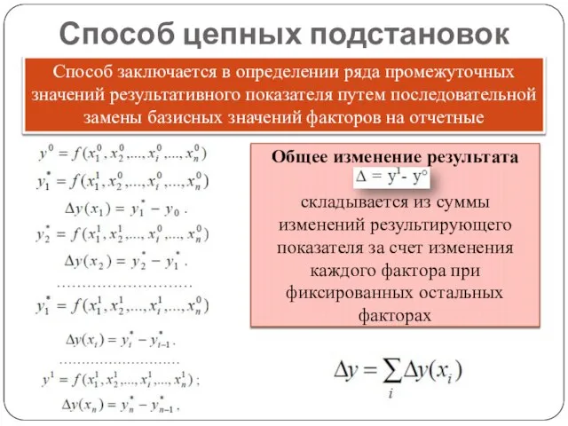 Способ цепных подстановок Способ заключается в определении ряда промежуточных значений результативного