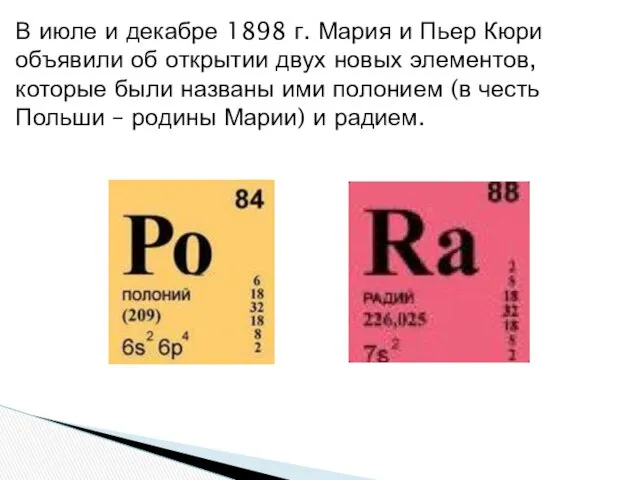 В июле и декабре 1898 г. Мария и Пьер Кюри объявили